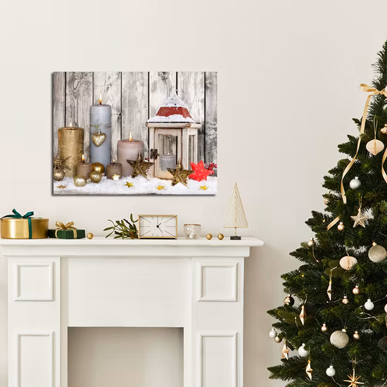 Custom Christmas Candle Light up LED Canvas Printing Wall Art